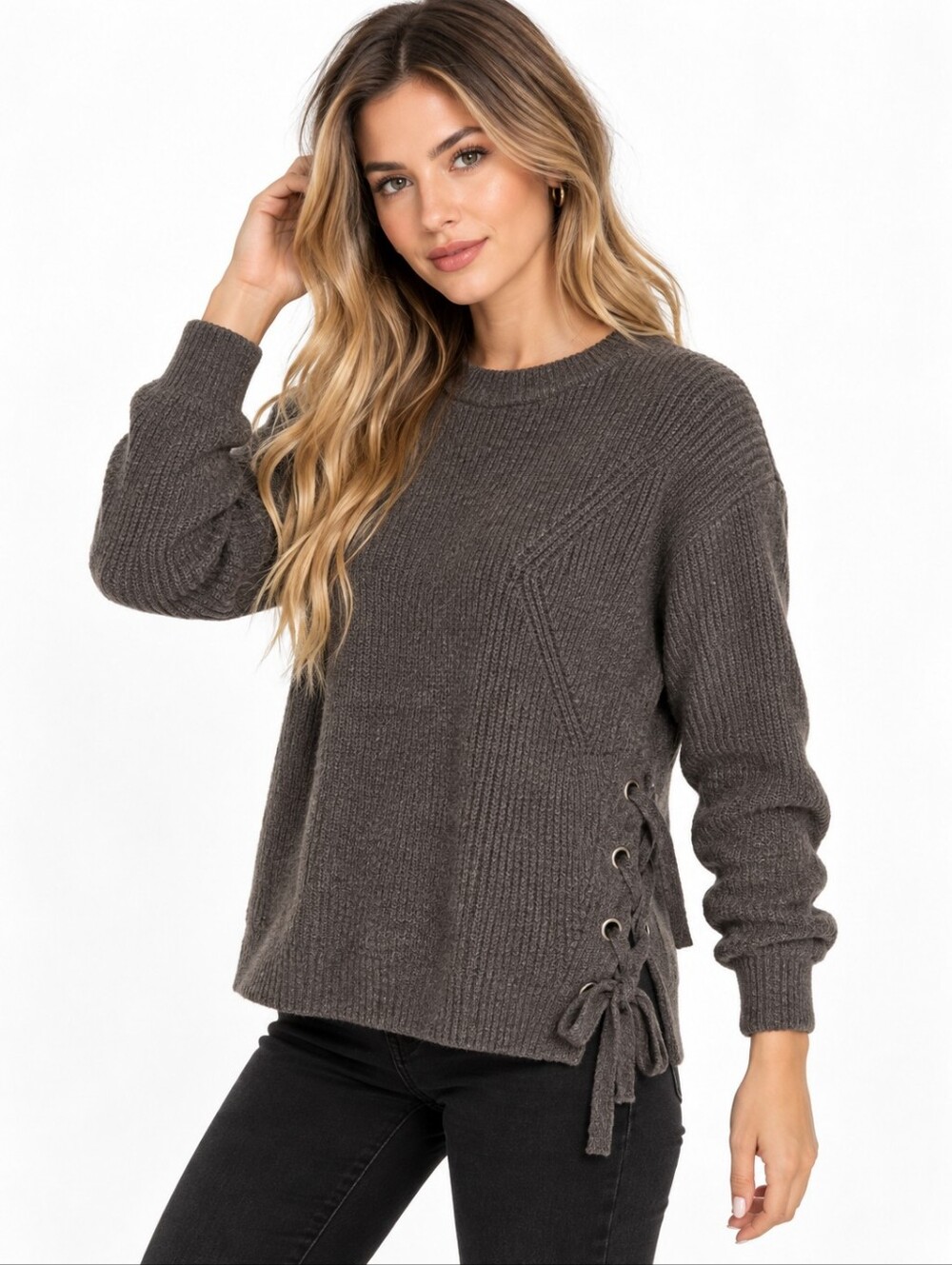 Doe & Rae Side Lacing Chunky Sweater Grey Brown NEW